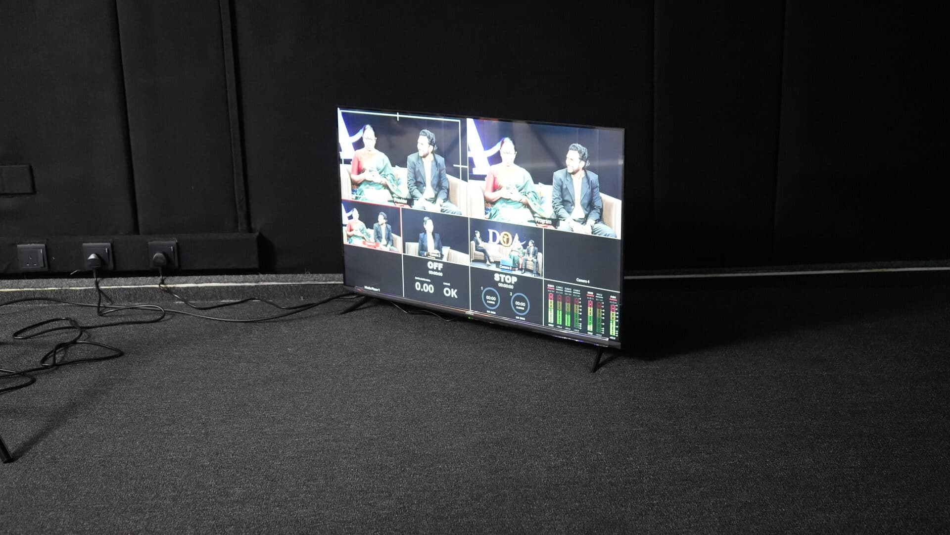 Broadcast multiview monitor displaying live studio camera feeds