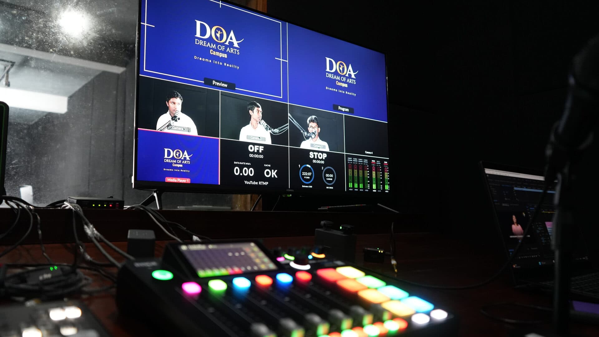 Broadcast switcher panel with colourful buttons and multiview monitor in the control room