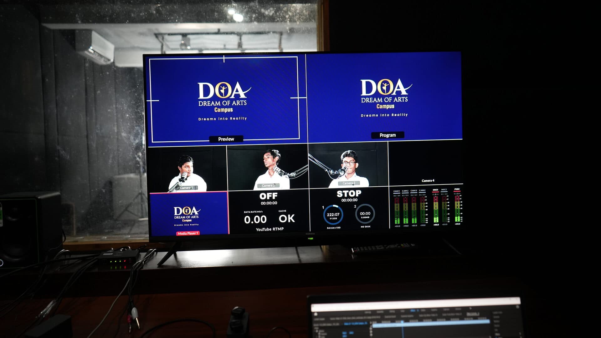 Control room multiview screen showing DOA broadcast camera feeds and stream status