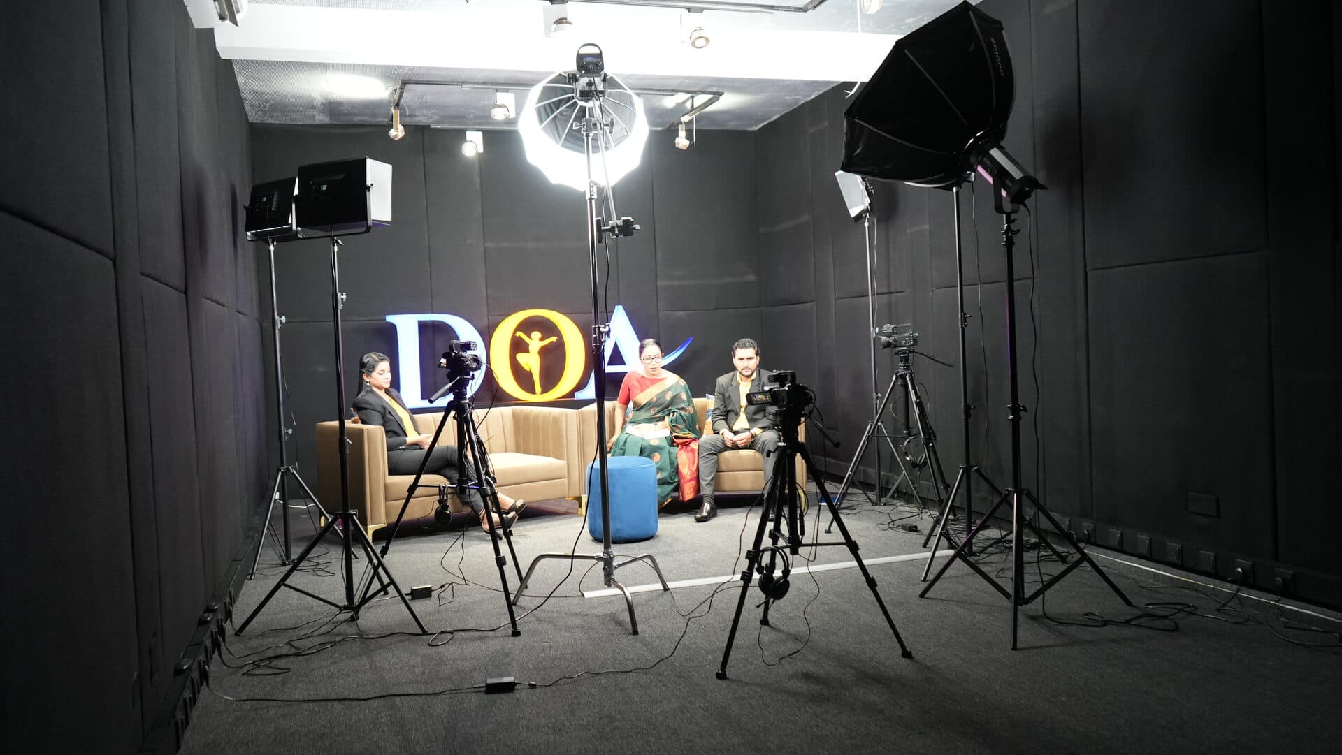 Wide-angle view of the TV studio during a filming session